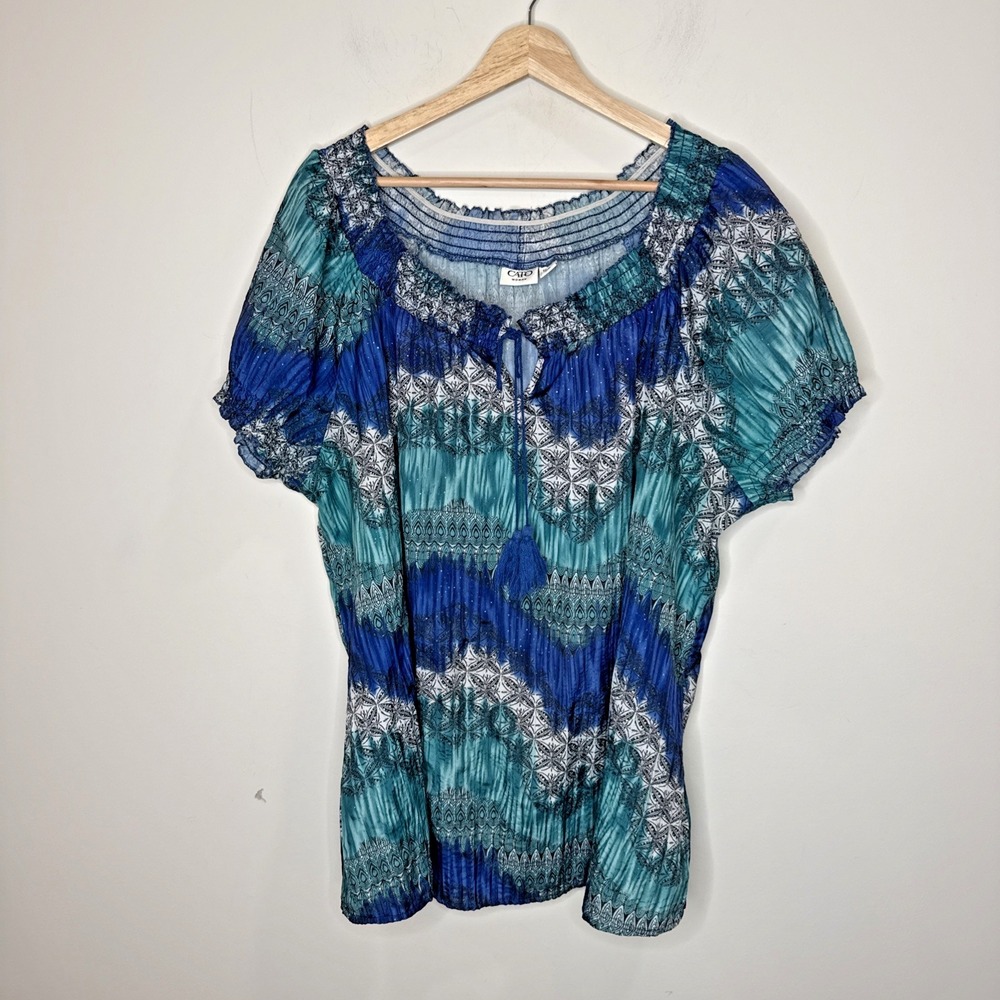 Cato Boho Smocked Peasant Blouse Top 22/24 W Short Sleeve Sparkle Prairie Artsy